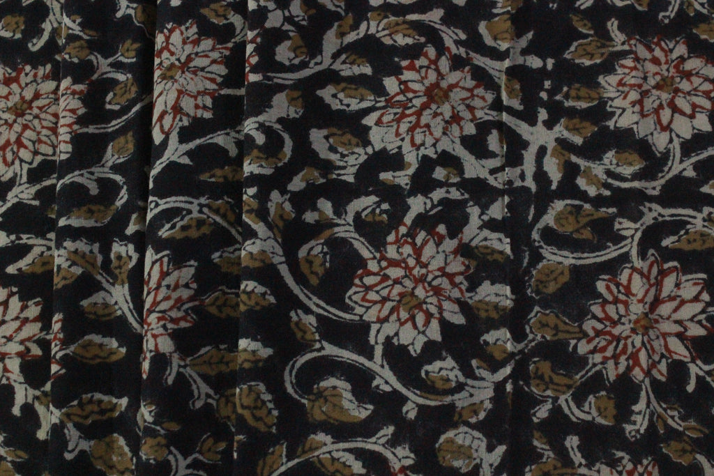 Black Cotton Traditional Floral Hand Block Print Unstiched Material For Men's Kurta Shirts & Women's Kurti and Other Dress Material