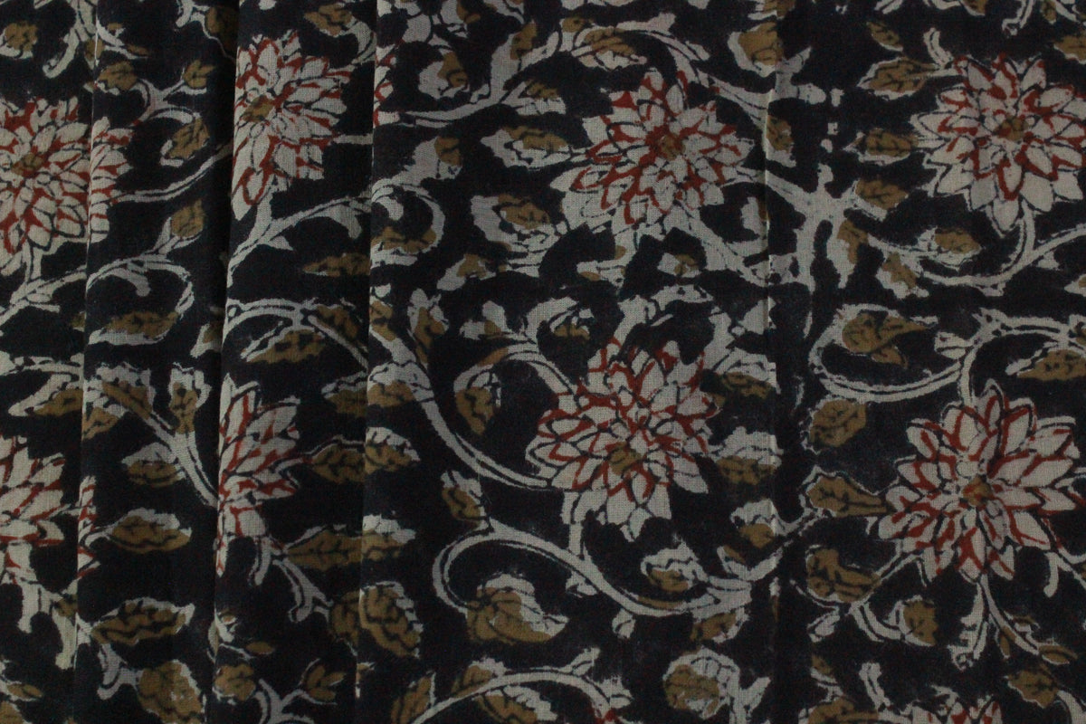 Black Cotton Traditional Floral Hand Block Print Unstiched Material For Men's Kurta Shirts & Women's Kurti and Other Dress Material