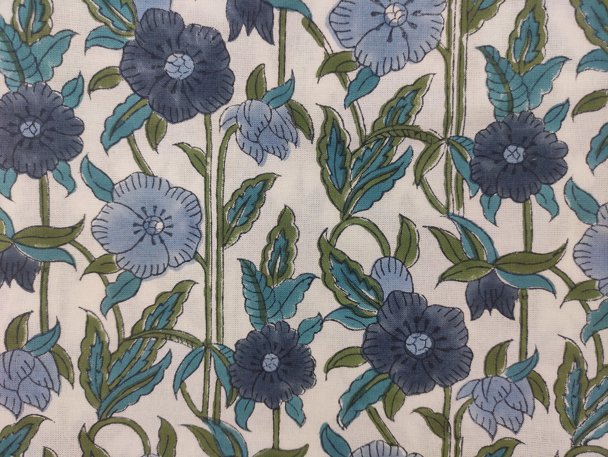 Indian Cotton Fabric: Floral Wood Block Print, Summer Dress Sewing Fabric
