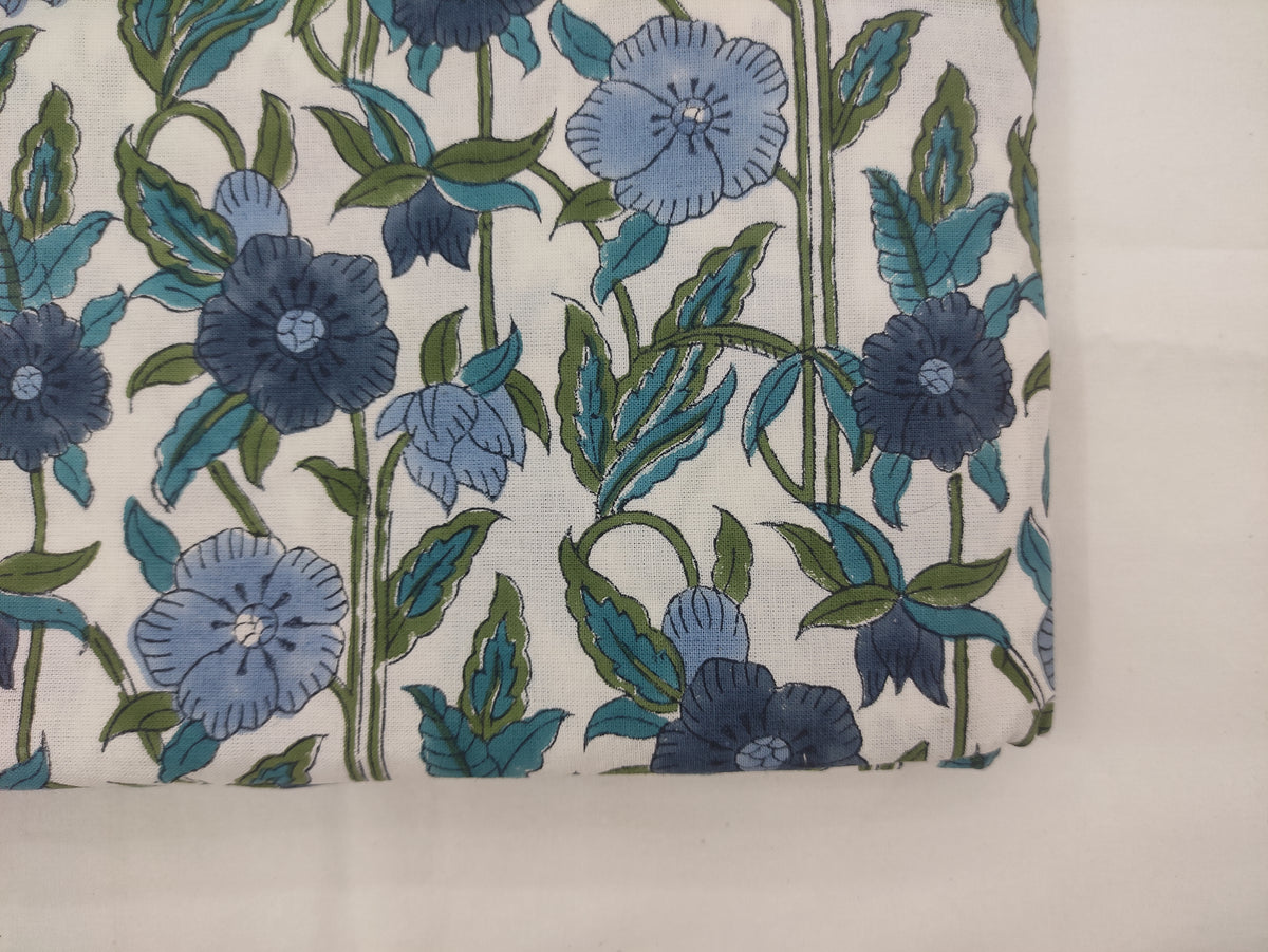 Indian Cotton Fabric: Floral Wood Block Print, Summer Dress Sewing Fabric
