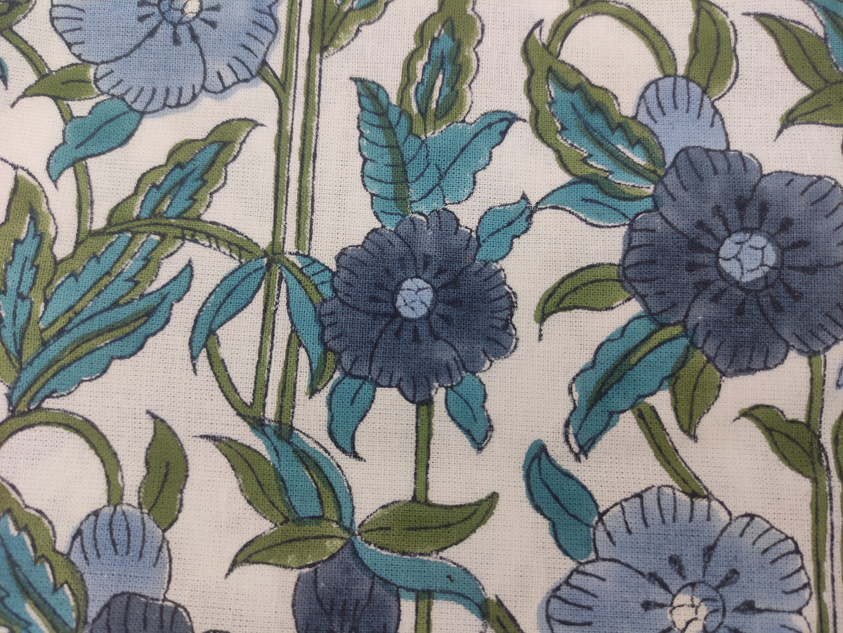 Indian Cotton Fabric: Floral Wood Block Print, Summer Dress Sewing Fabric