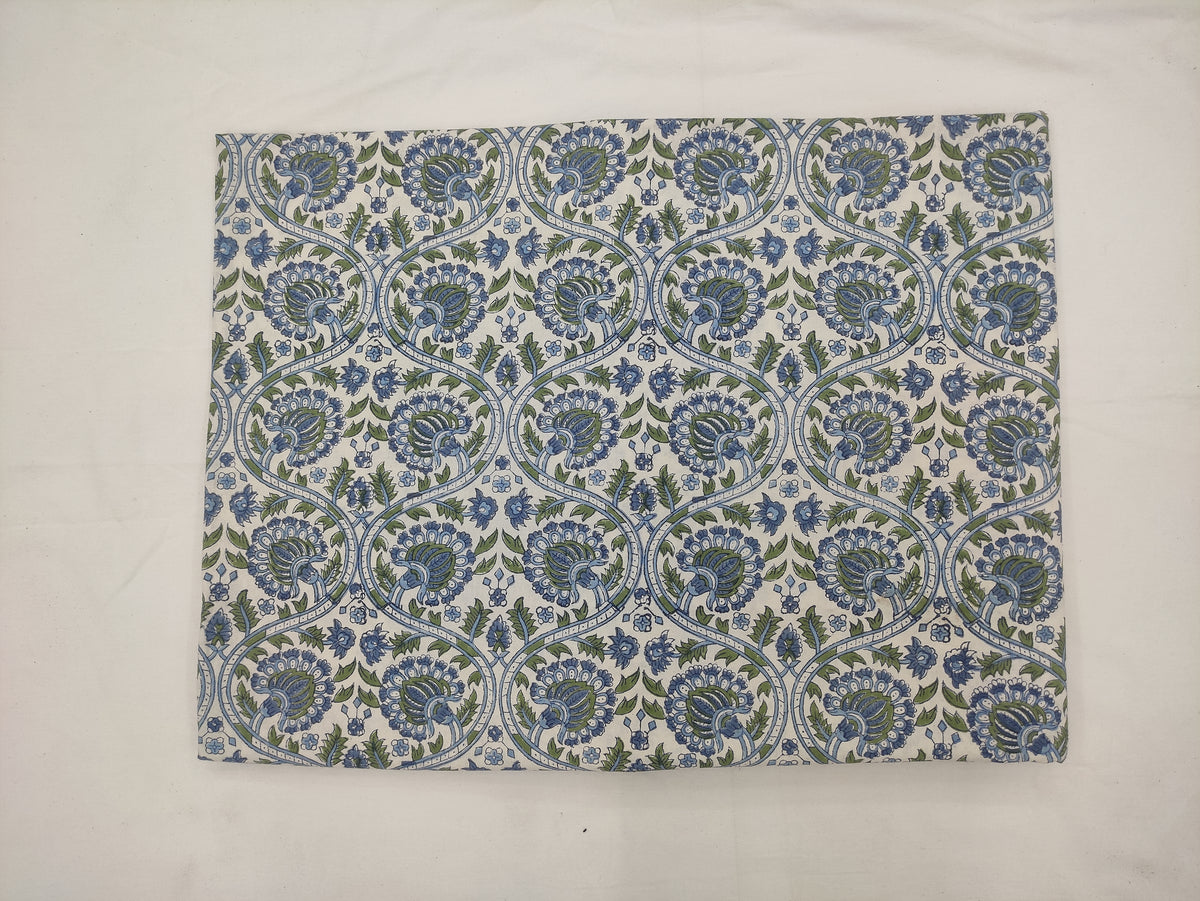 Blue Floral Hand Block Print Cotton Fabric, Indian Dress Fabric by the Yard