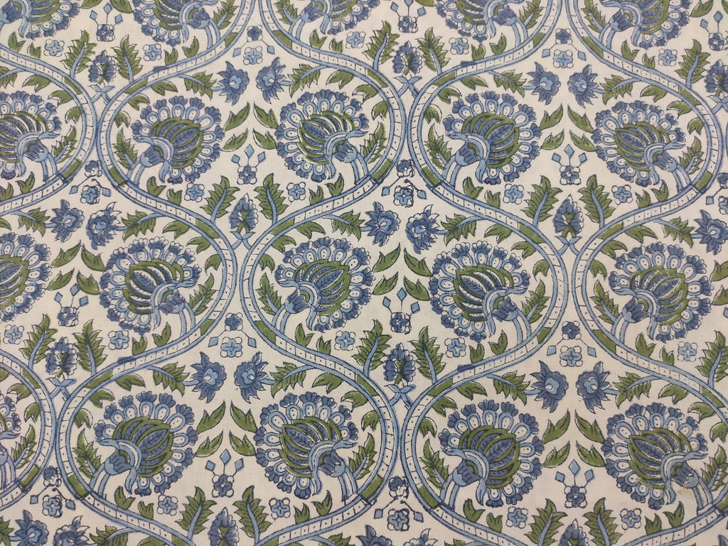 Blue Floral Hand Block Print Cotton Fabric, Indian Dress Fabric by the Yard