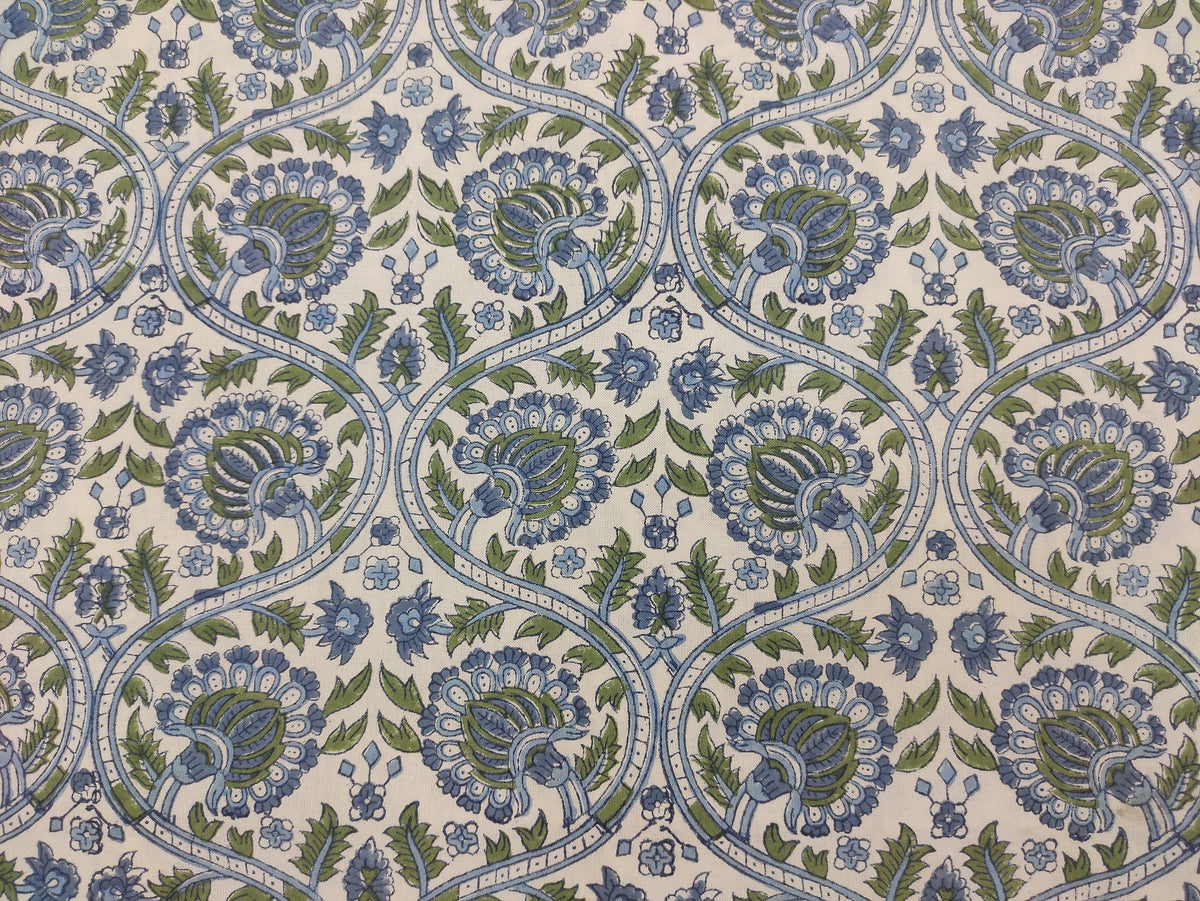 Blue Floral Hand Block Print Cotton Fabric, Indian Dress Fabric by the Yard