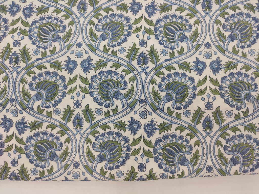 Blue Floral Hand Block Print Cotton Fabric, Indian Dress Fabric by the Yard