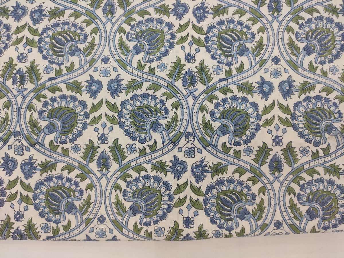 Blue Floral Hand Block Print Cotton Fabric, Indian Dress Fabric by the Yard