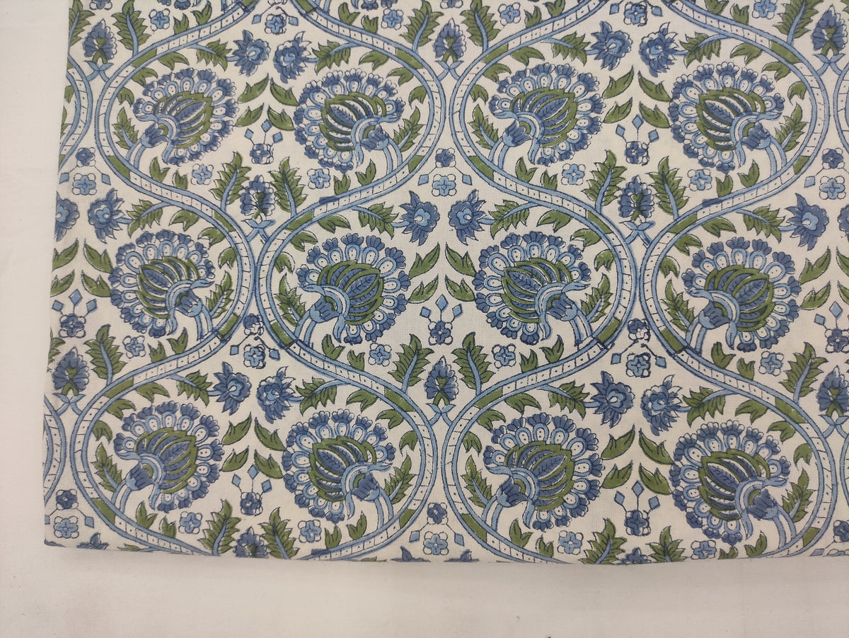 Blue Floral Hand Block Print Cotton Fabric, Indian Dress Fabric by the Yard