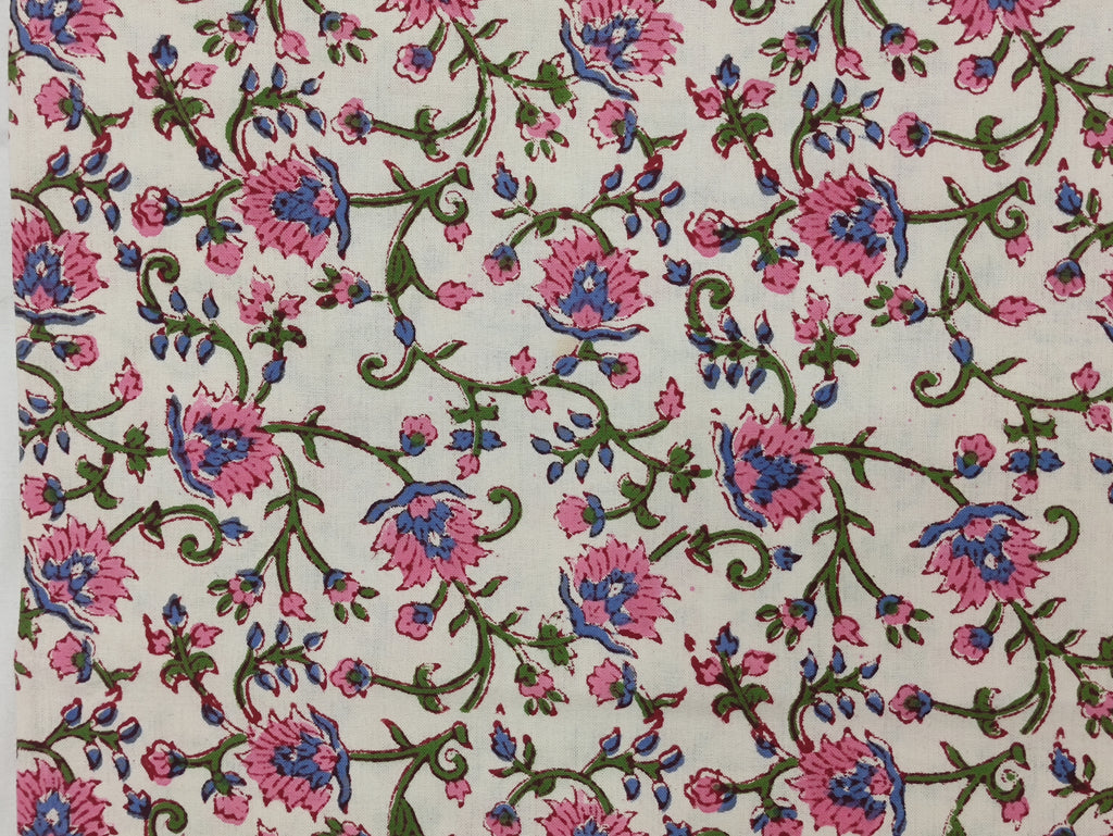 Floral Block Print Cotton Fabric: Hand-Stamped Indian Fabric By The Yard