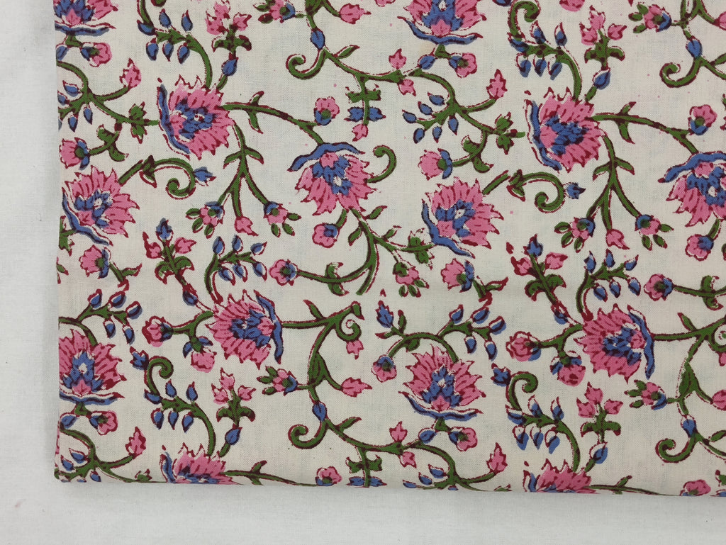 Floral Block Print Cotton Fabric: Hand-Stamped Indian Fabric By The Yard