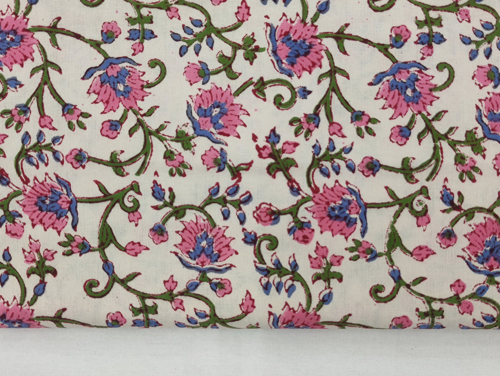 Floral Block Print Cotton Fabric: Hand-Stamped Indian Fabric By The Yard