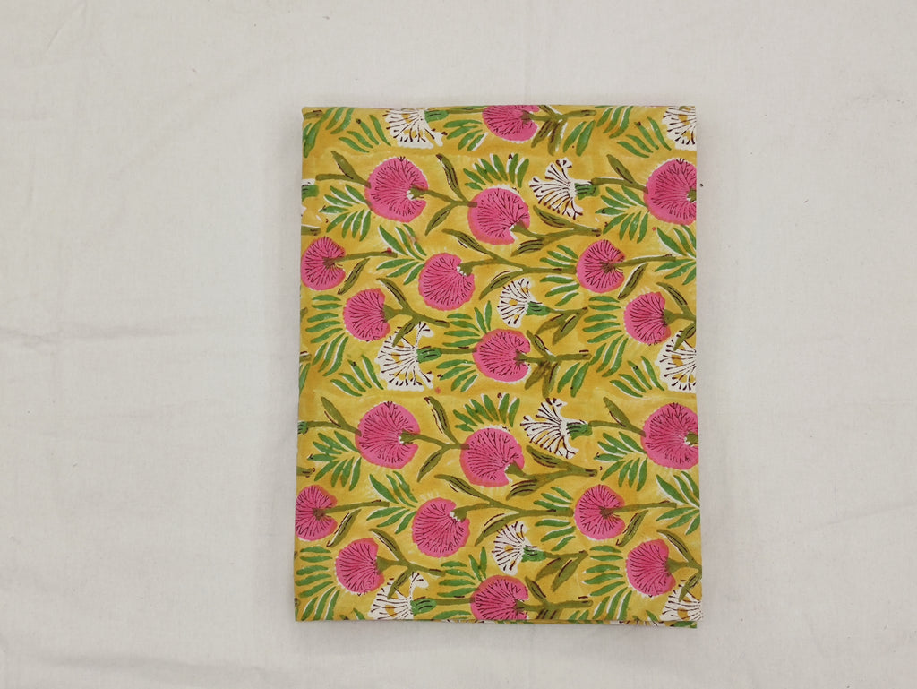 Hand Block Print Cotton Fabric, Mughal Floral, Yellow and Pink