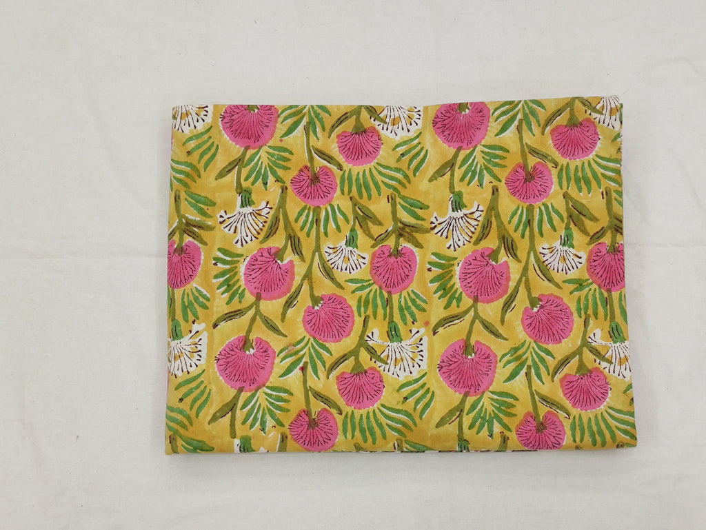 Hand Block Print Cotton Fabric, Mughal Floral, Yellow and Pink