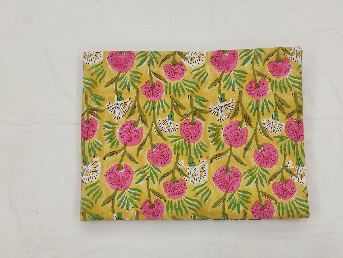 Hand Block Print Cotton Fabric, Mughal Floral, Yellow and Pink