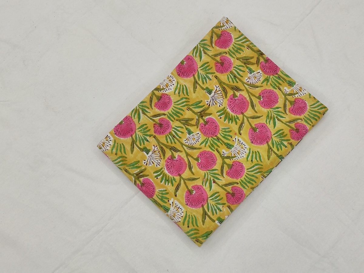 Hand Block Print Cotton Fabric, Mughal Floral, Yellow and Pink