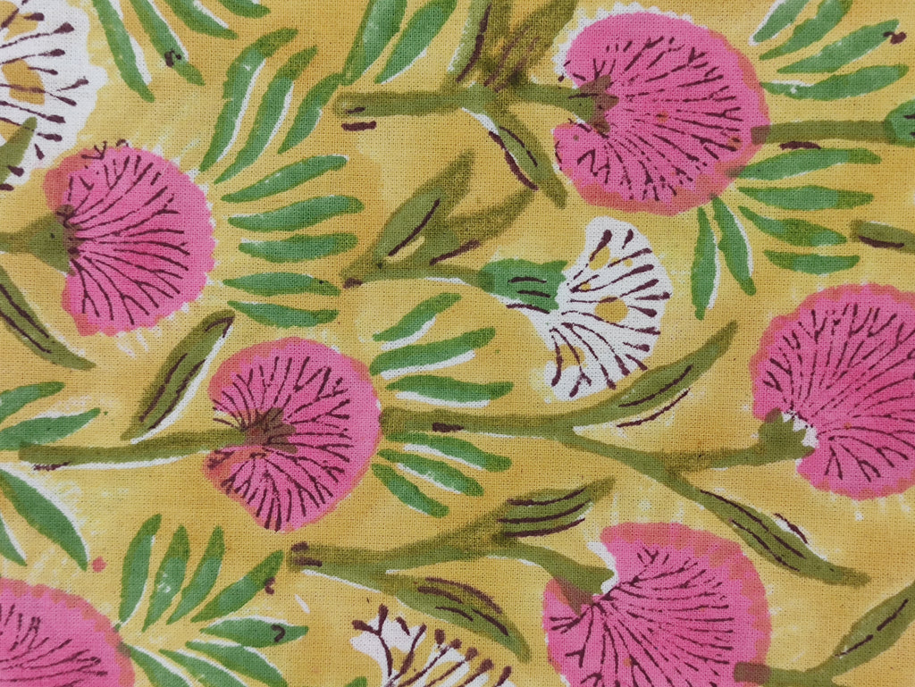 Hand Block Print Cotton Fabric, Mughal Floral, Yellow and Pink
