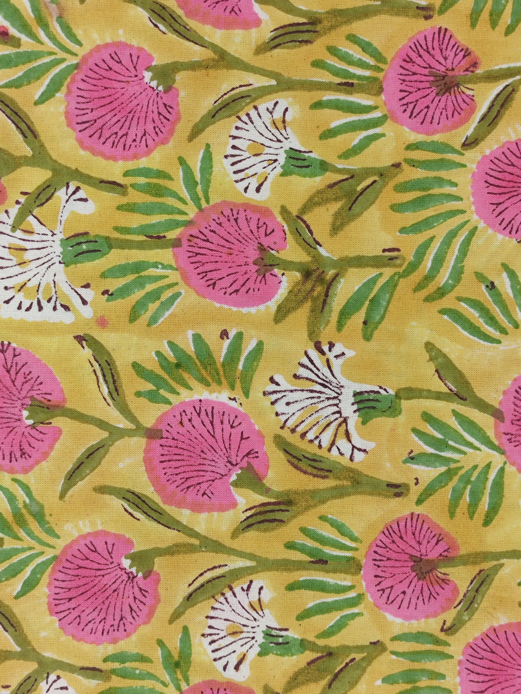 Hand Block Print Cotton Fabric, Mughal Floral, Yellow and Pink