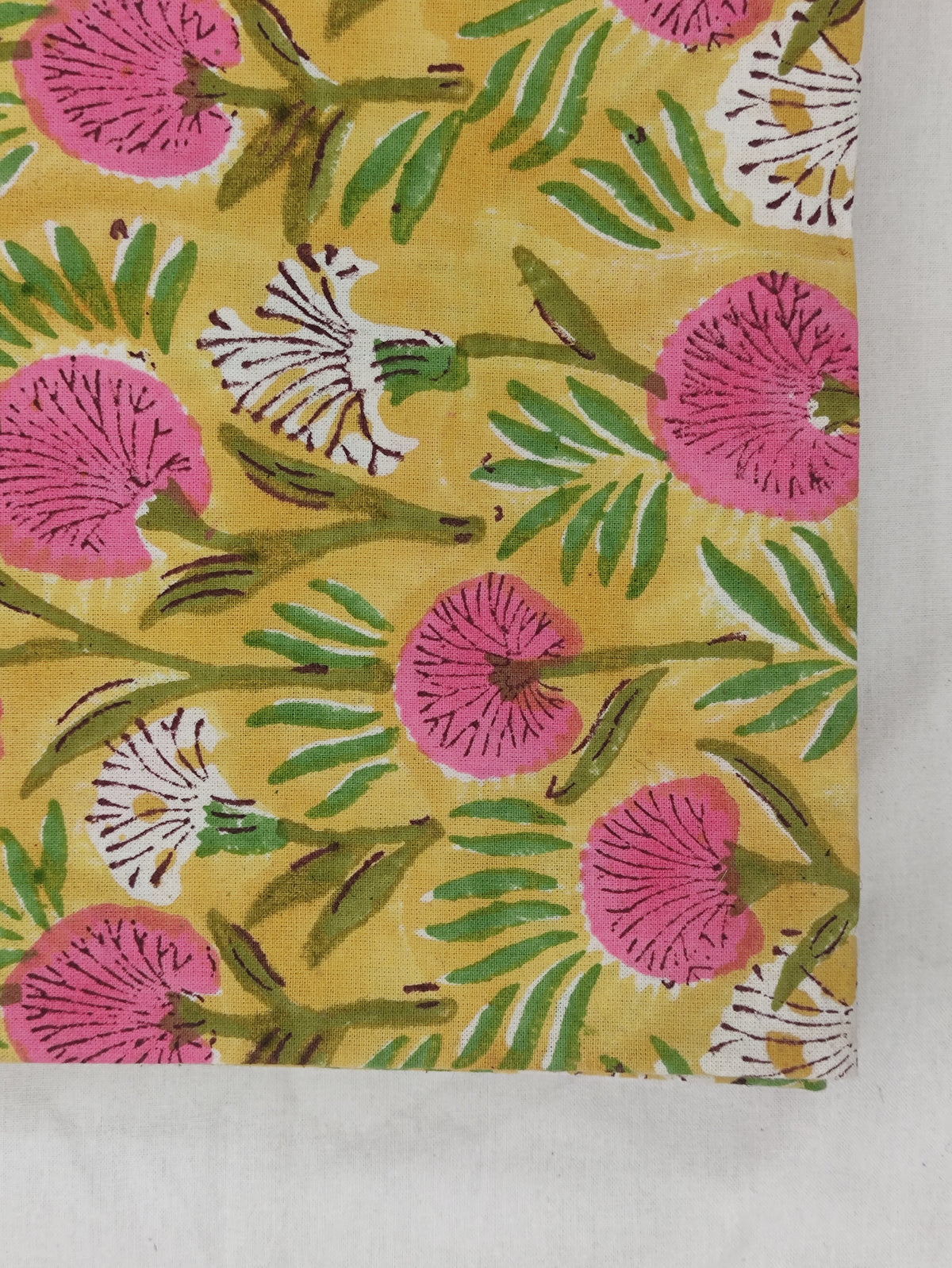 Hand Block Print Cotton Fabric, Mughal Floral, Yellow and Pink