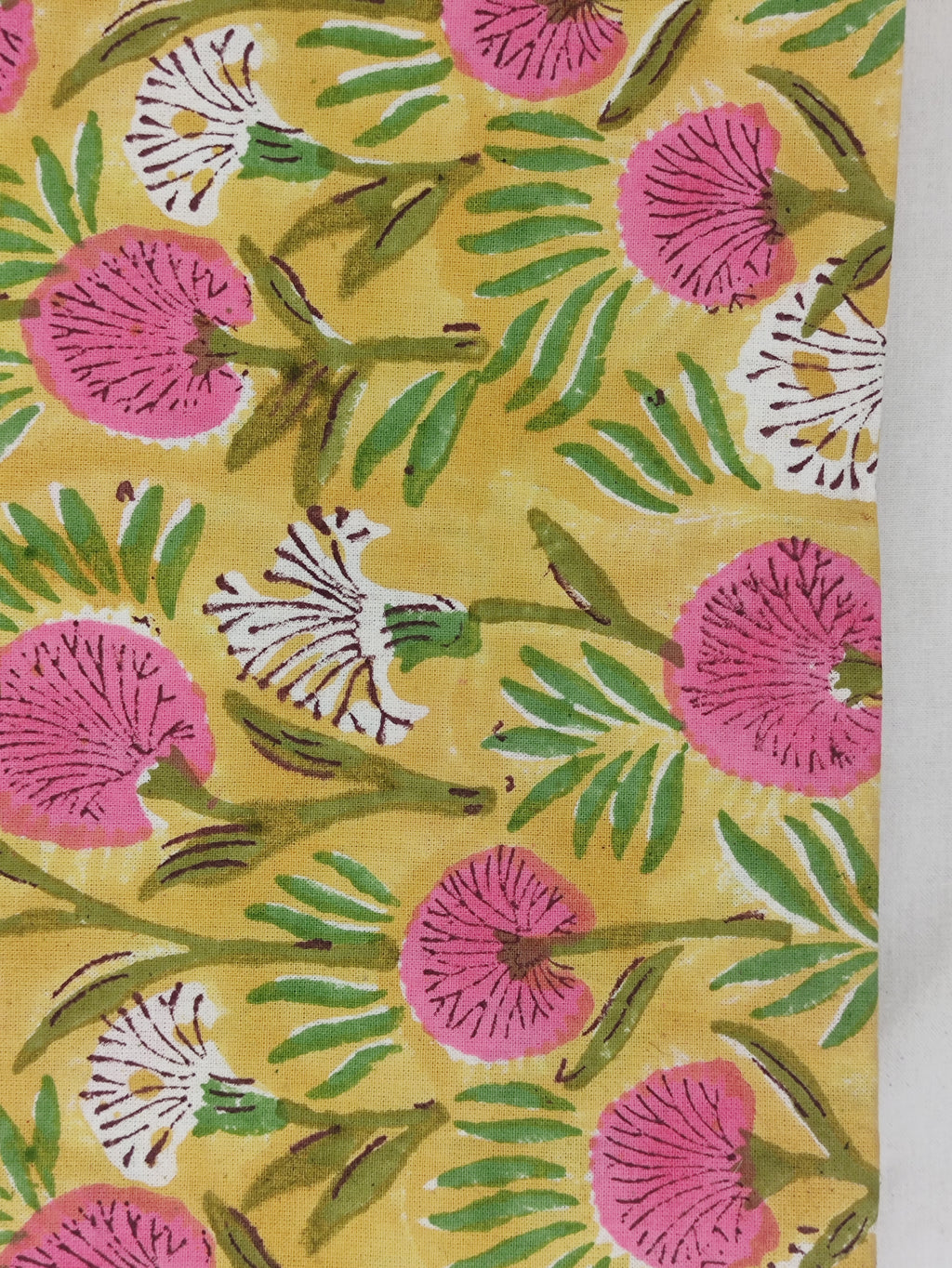 Hand Block Print Cotton Fabric, Mughal Floral, Yellow and Pink