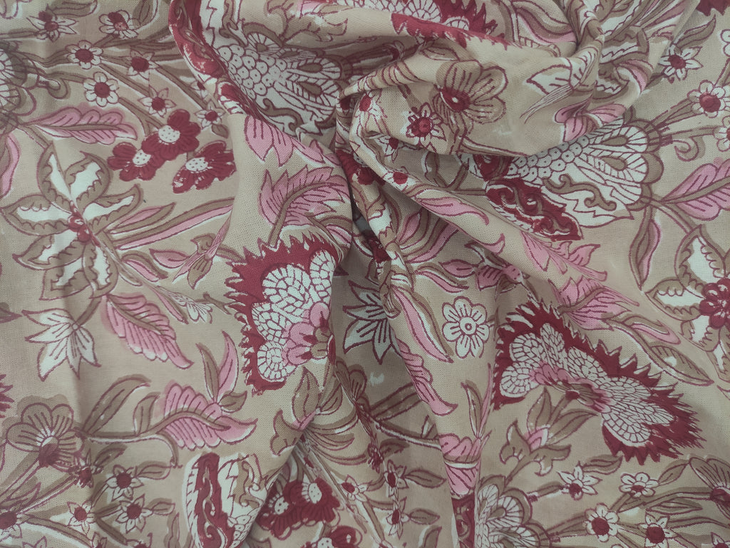Mughal Print Cotton Fabric: Indian Hand Block Floral Fabric by the Yard