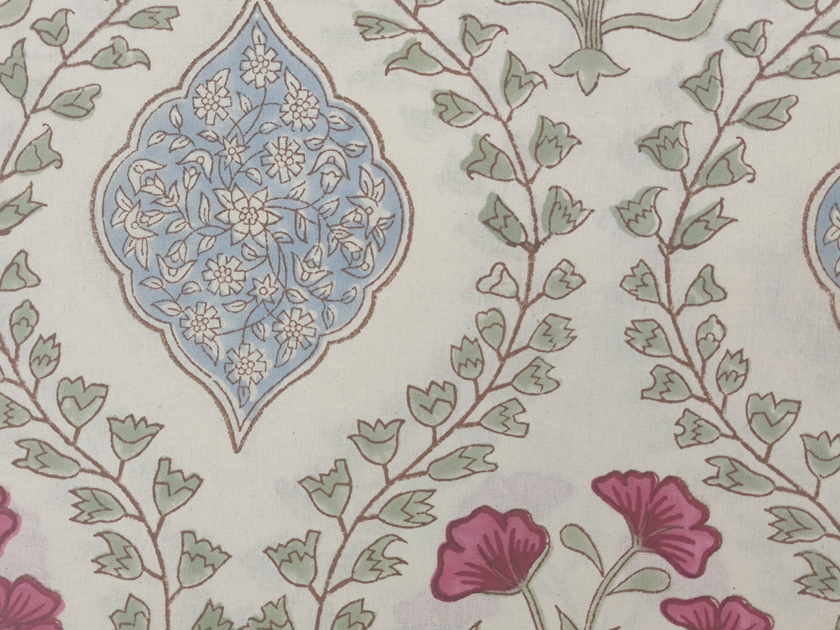 Mughal Print Cotton Fabric: Hand-Stamped Floral Dress Fabric