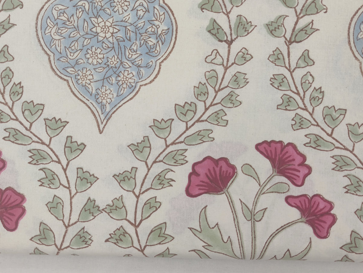Mughal Print Cotton Fabric: Hand-Stamped Floral Dress Fabric