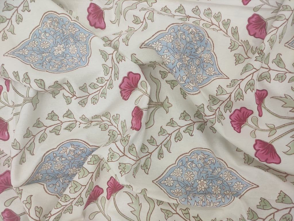 Mughal Print Cotton Fabric: Hand-Stamped Floral Dress Fabric