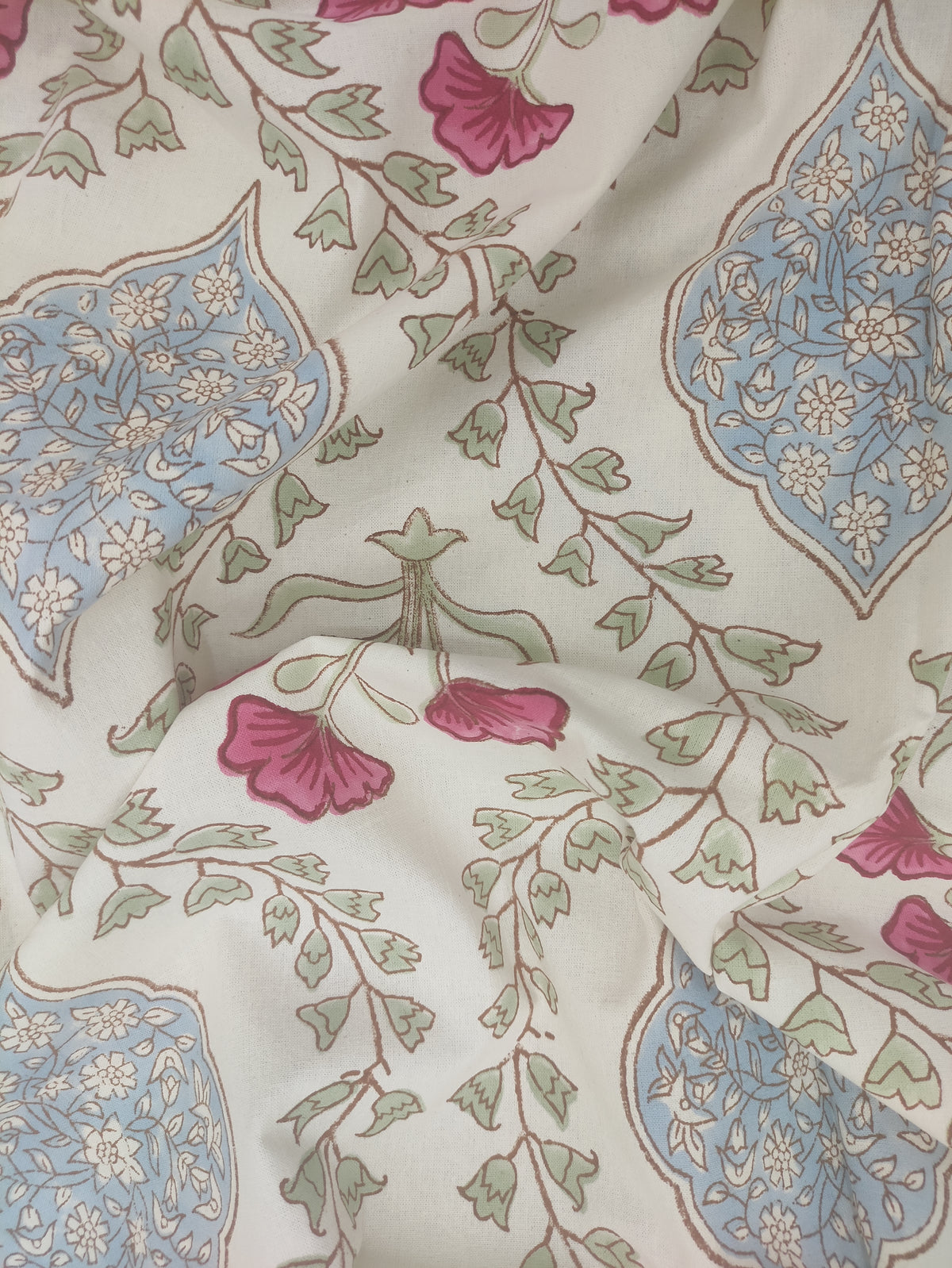 Mughal Print Cotton Fabric: Hand-Stamped Floral Dress Fabric
