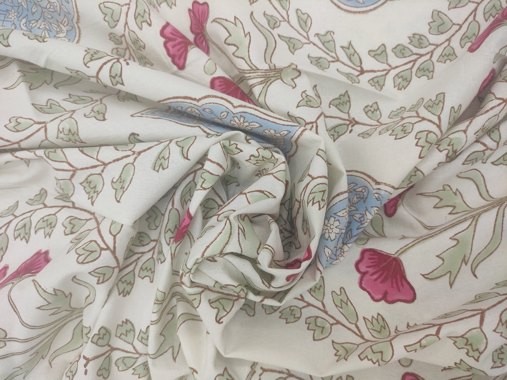Mughal Print Cotton Fabric: Hand-Stamped Floral Dress Fabric