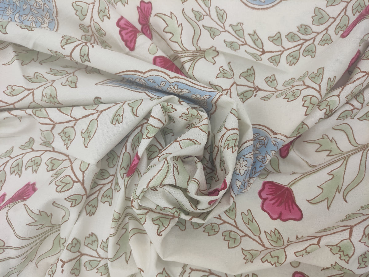 Mughal Print Cotton Fabric: Hand-Stamped Floral Dress Fabric