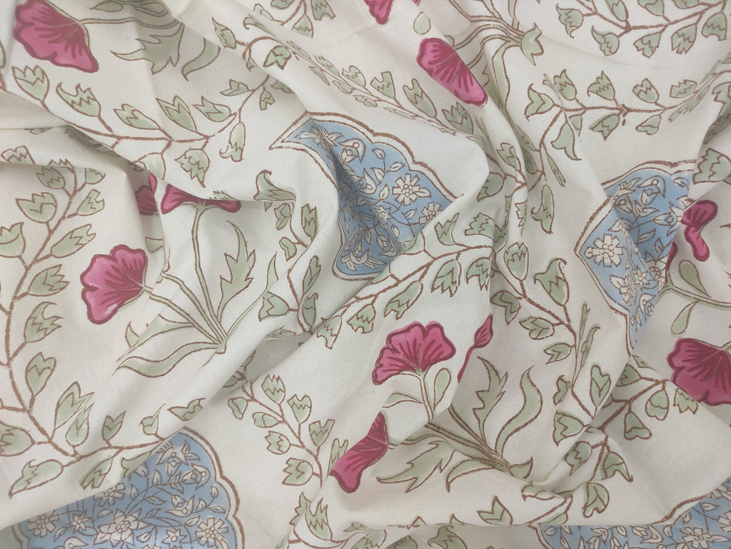 Mughal Print Cotton Fabric: Hand-Stamped Floral Dress Fabric