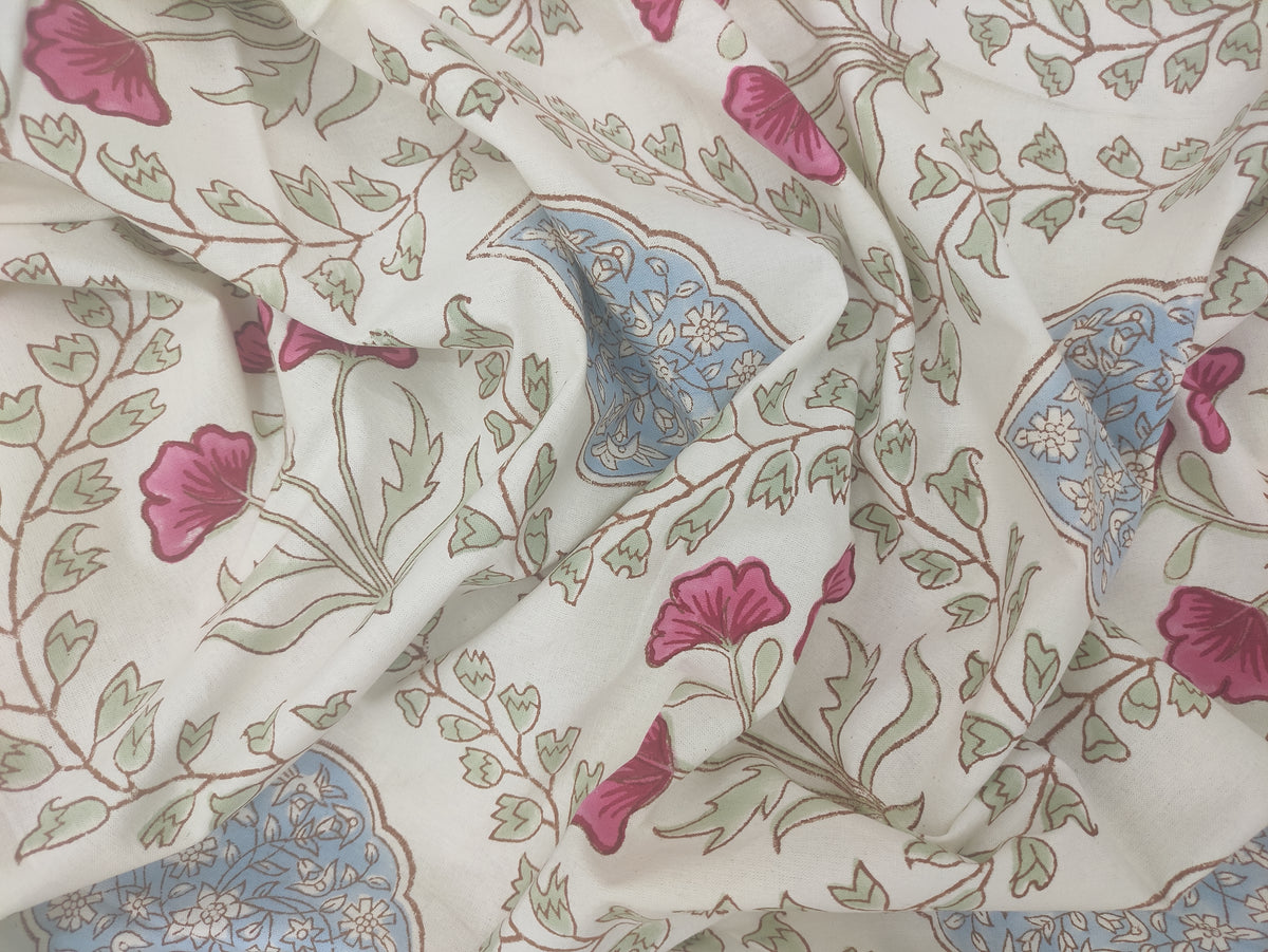 Mughal Print Cotton Fabric: Hand-Stamped Floral Dress Fabric
