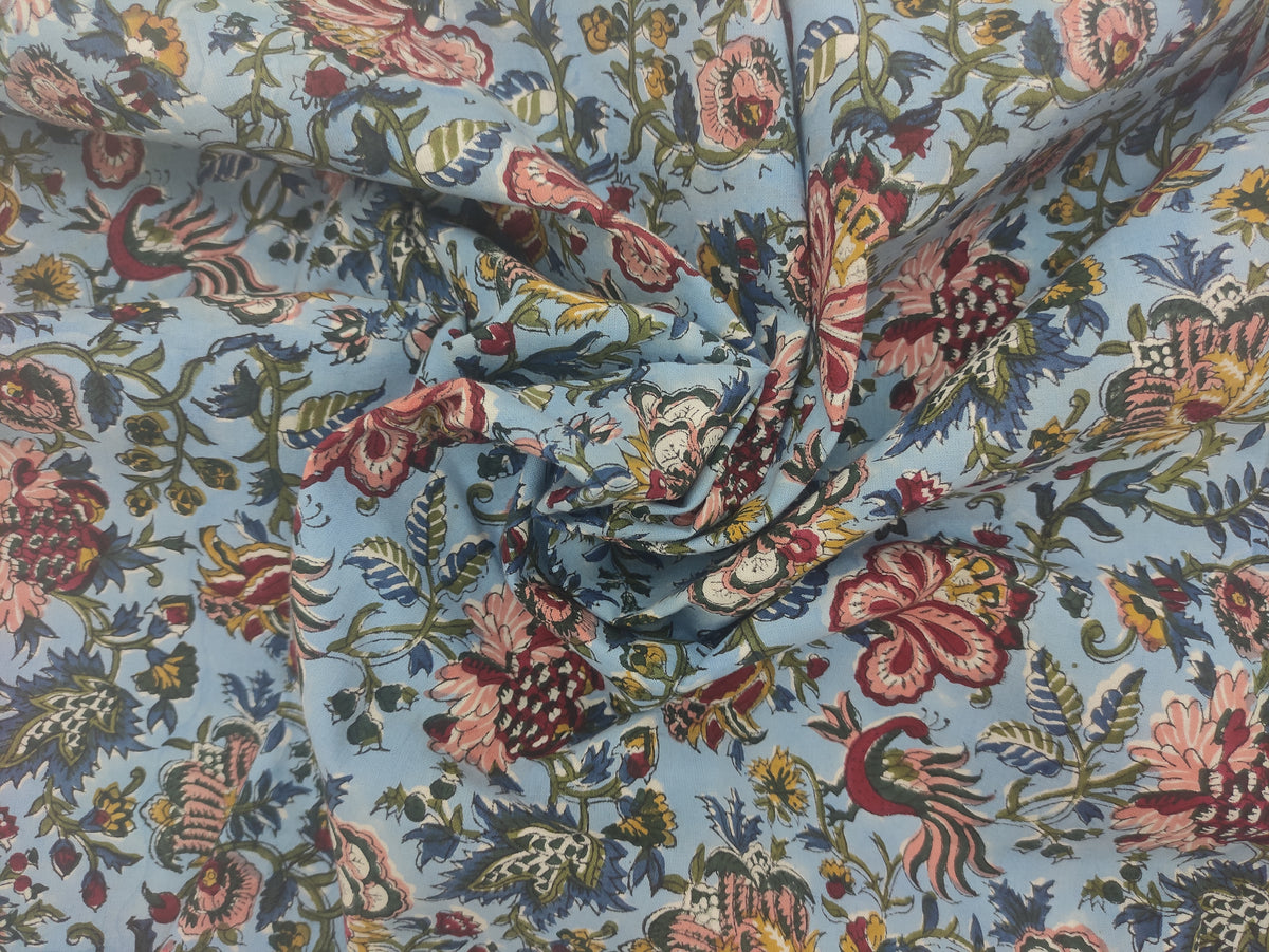 Mughal Floral Print Cotton Fabric: Hand Block Printed Indian Fabric