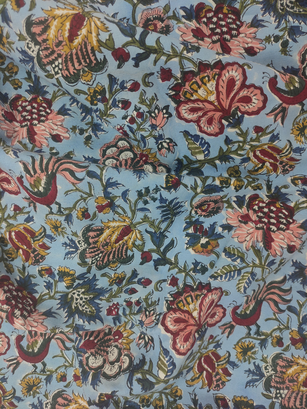 Mughal Floral Print Cotton Fabric: Hand Block Printed Indian Fabric