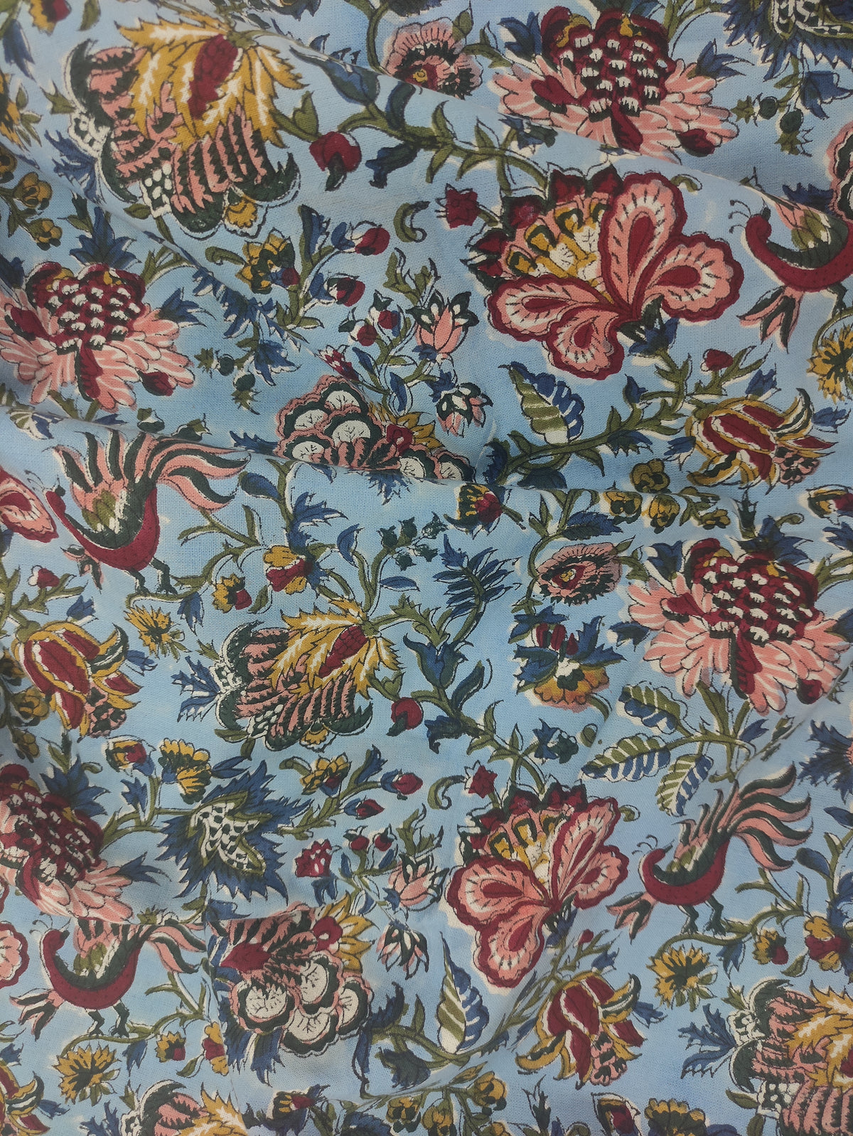 Mughal Floral Print Cotton Fabric: Hand Block Printed Indian Fabric