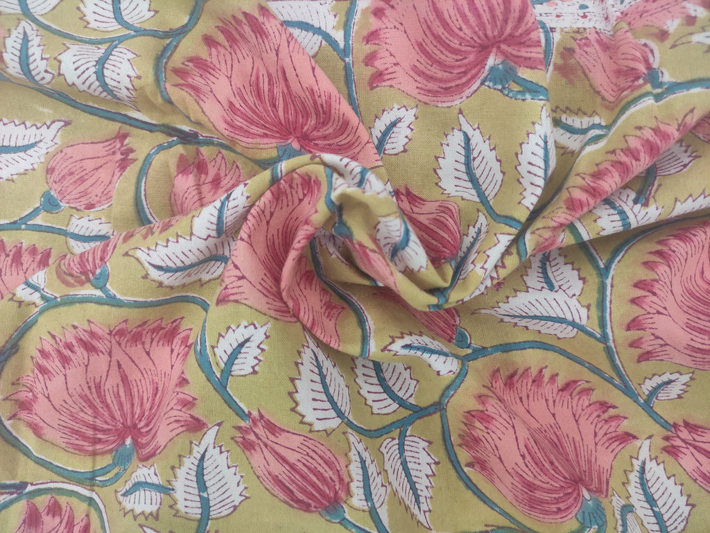 Mughal Floral Print Cotton Fabric: Hand Block Printed Indian Sewing Material