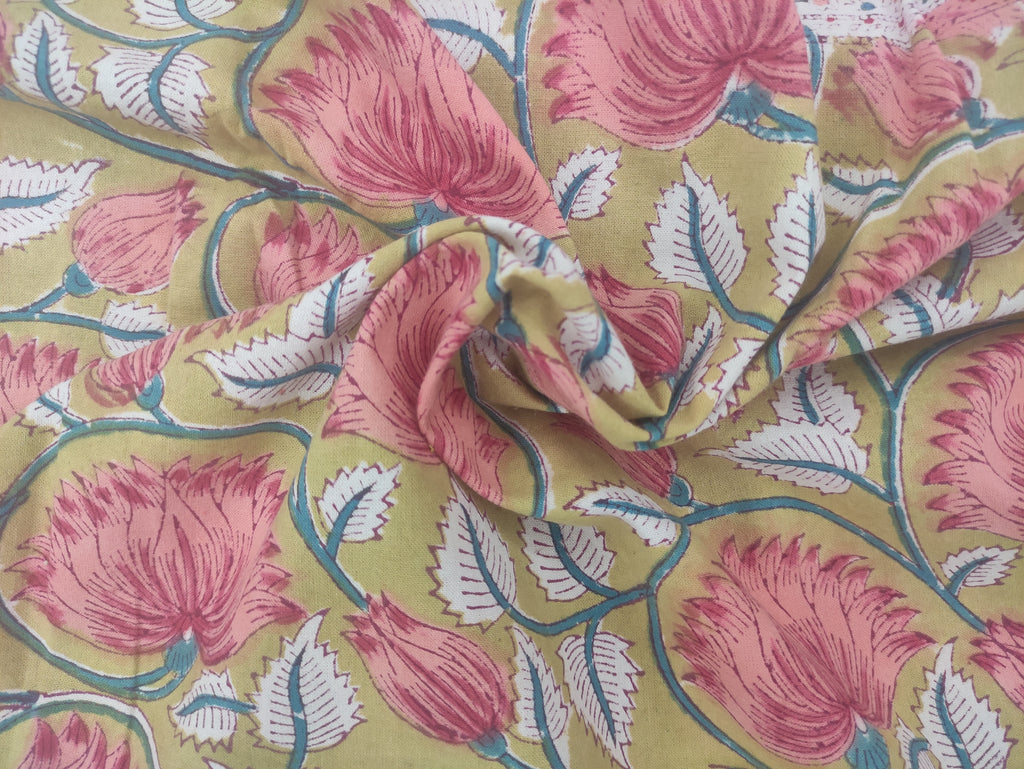 Mughal Floral Print Cotton Fabric: Hand Block Printed Indian Sewing Material