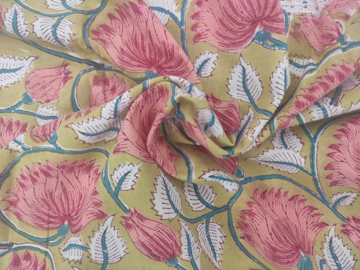 Mughal Floral Print Cotton Fabric: Hand Block Printed Indian Sewing Material