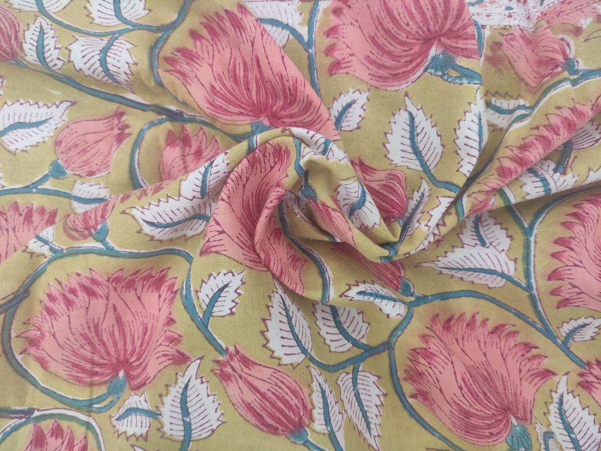 Mughal Floral Print Cotton Fabric: Hand Block Printed Indian Sewing Material