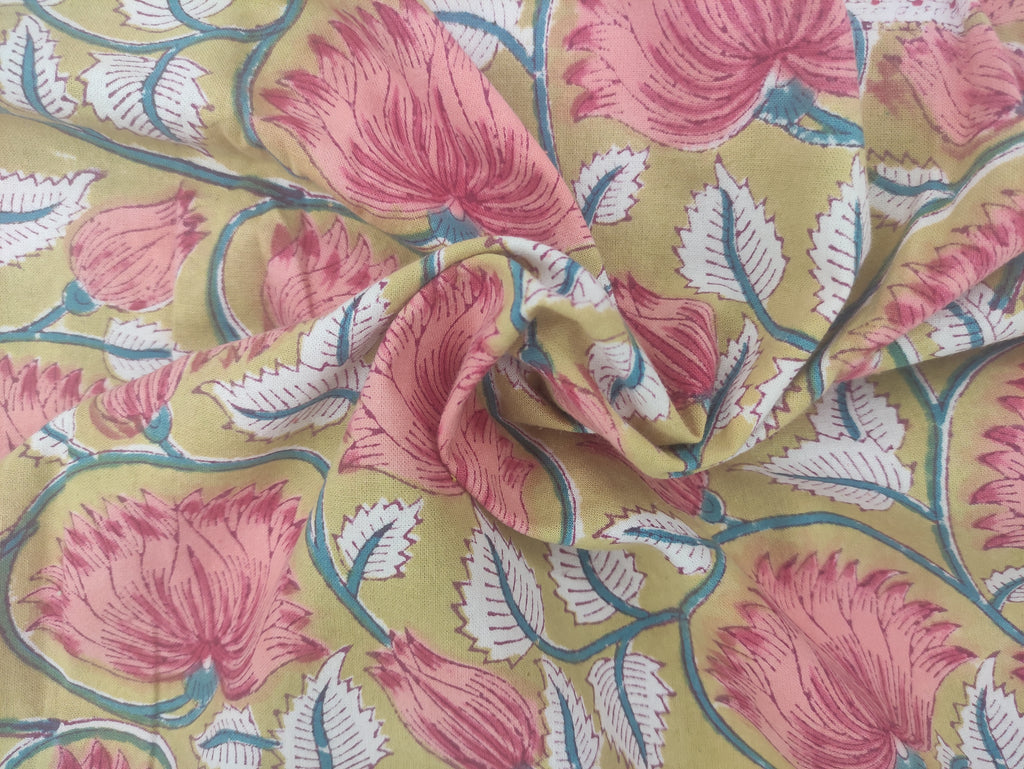 Mughal Floral Print Cotton Fabric: Hand Block Printed Indian Sewing Material