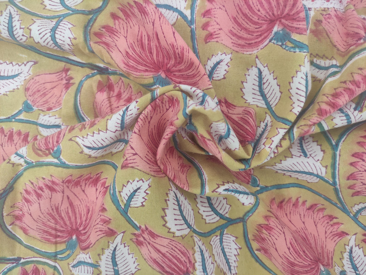 Mughal Floral Print Cotton Fabric: Hand Block Printed Indian Sewing Material