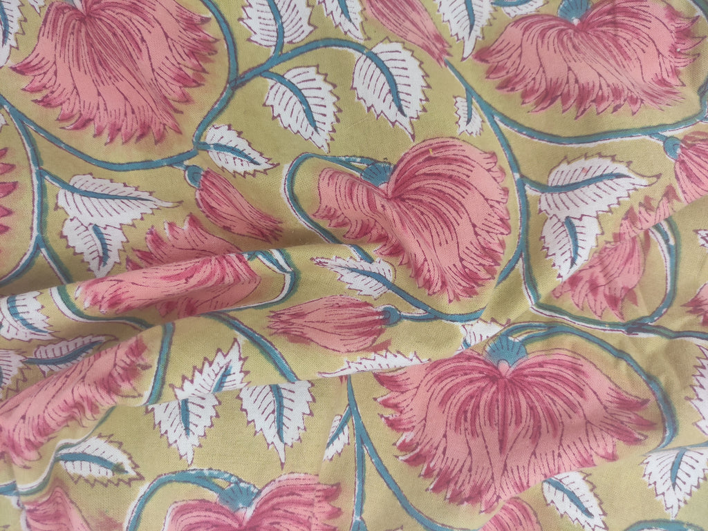 Mughal Floral Print Cotton Fabric: Hand Block Printed Indian Sewing Material