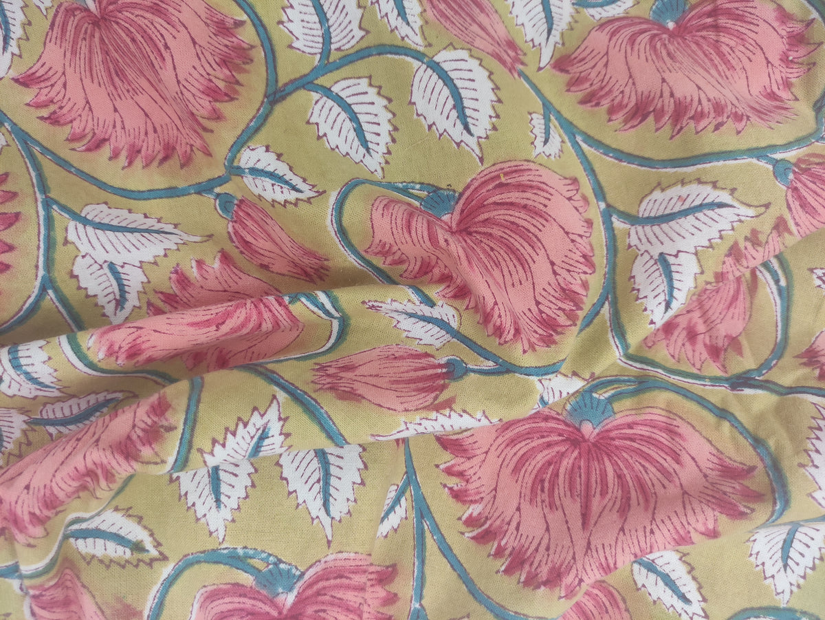 Mughal Floral Print Cotton Fabric: Hand Block Printed Indian Sewing Material