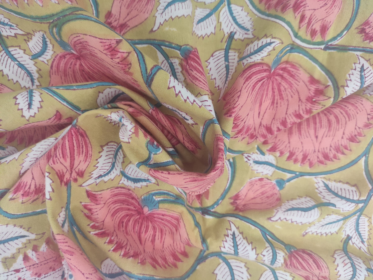 Mughal Floral Print Cotton Fabric: Hand Block Printed Indian Sewing Material