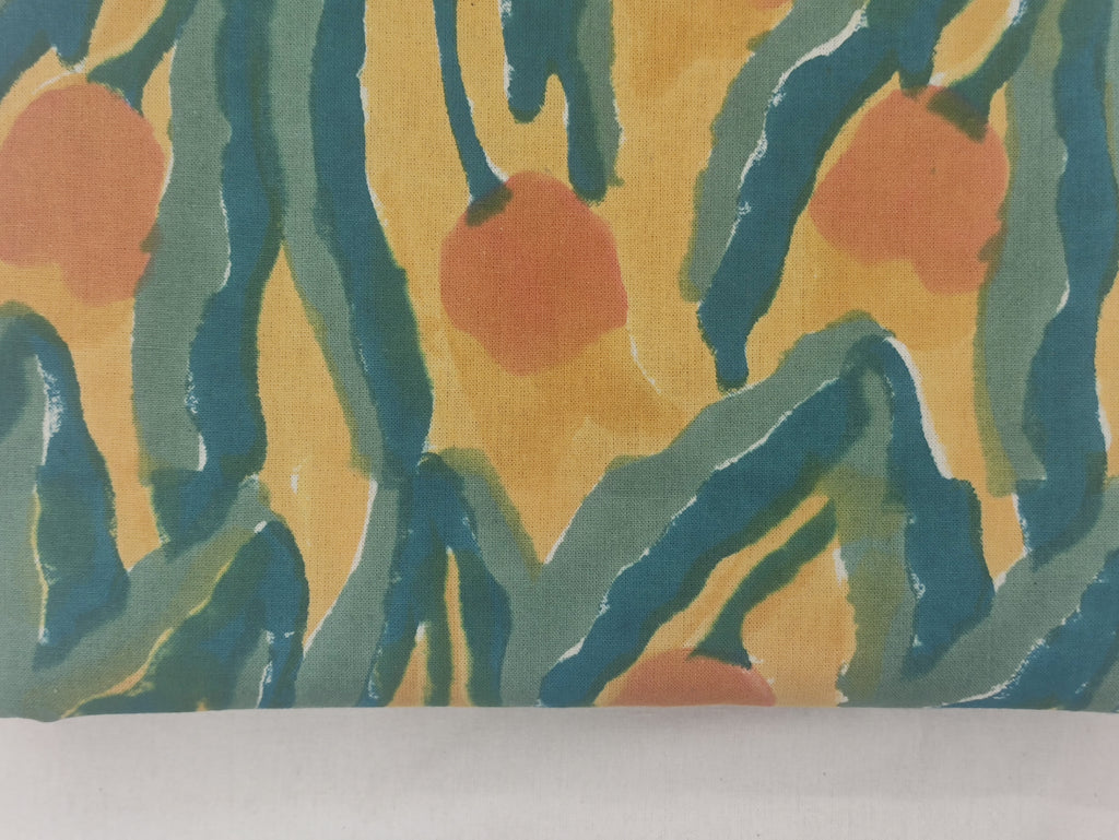 Indian Cotton Fabric: Blue, Yellow, Orange Wood Block Print