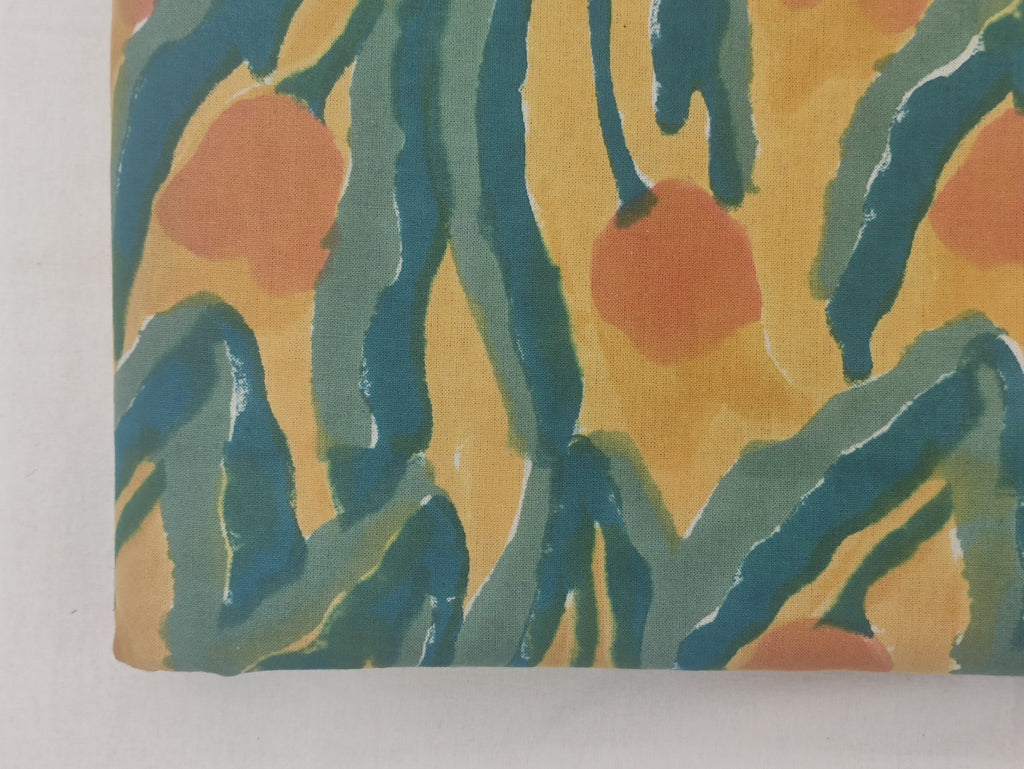 Indian Cotton Fabric: Blue, Yellow, Orange Wood Block Print