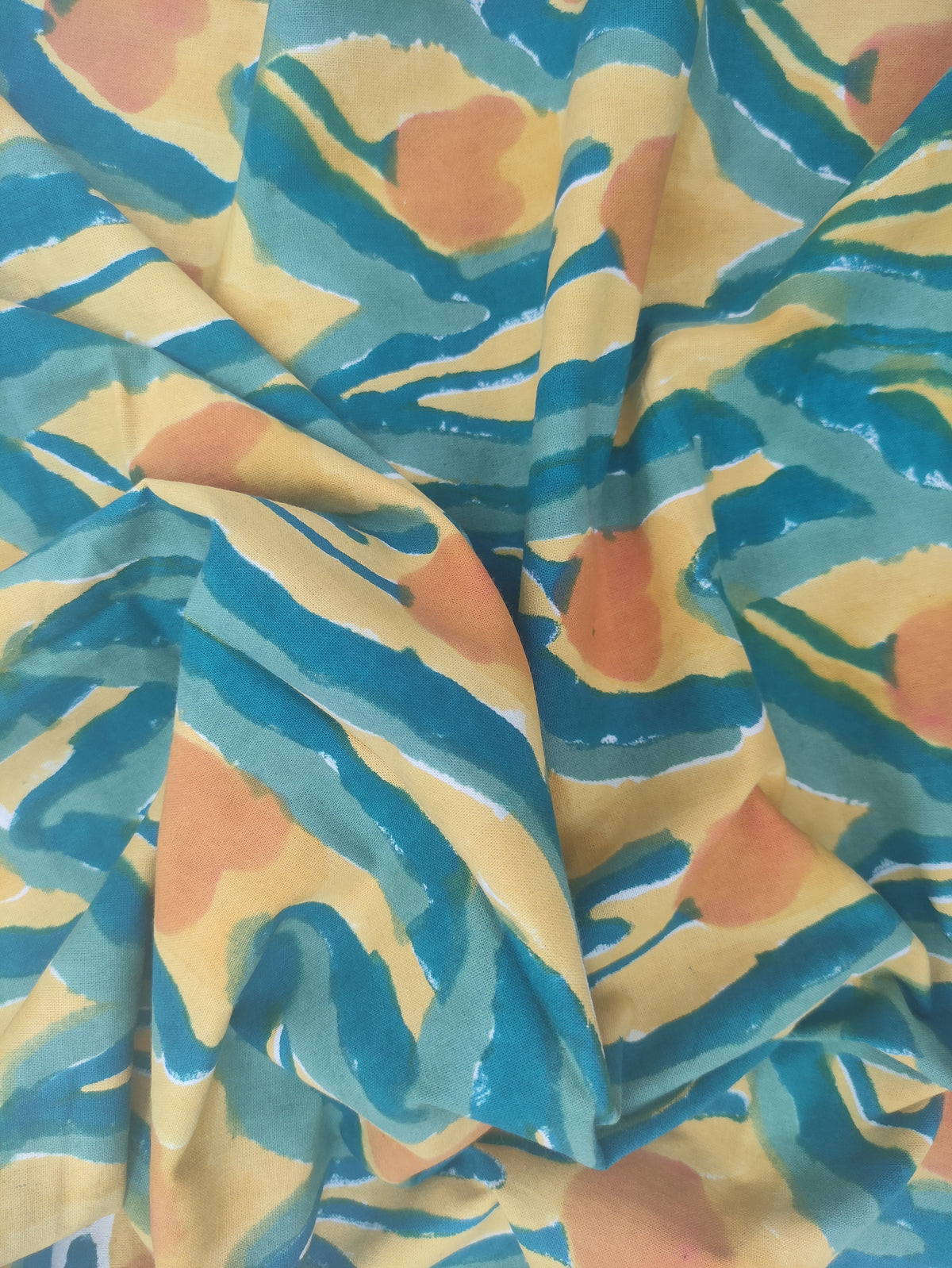 Indian Cotton Fabric: Blue, Yellow, Orange Wood Block Print