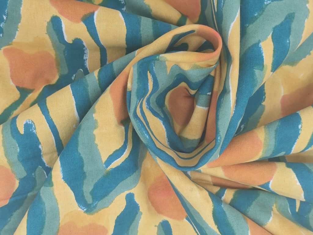Indian Cotton Fabric: Blue, Yellow, Orange Wood Block Print