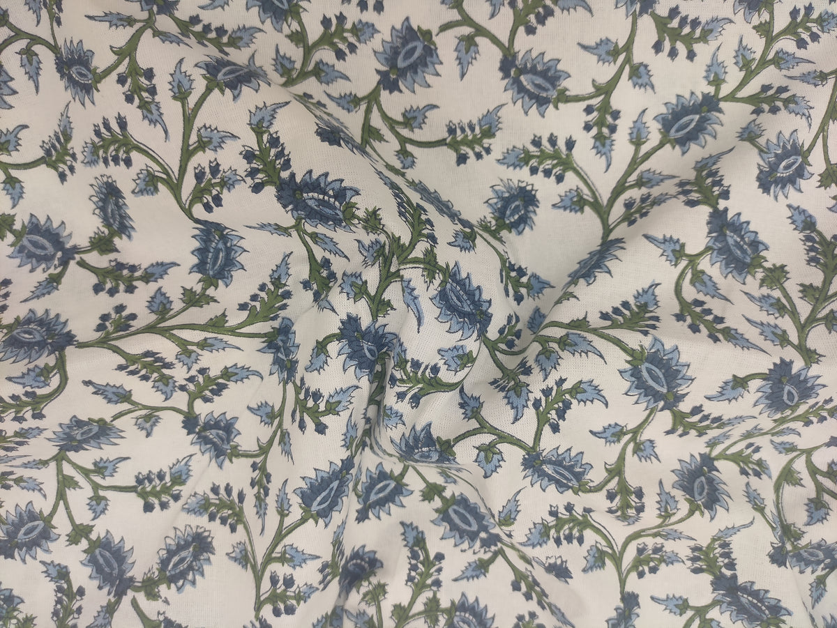 Mughal Floral Print Cotton Fabric: Hand Block Printed Indian Fabric