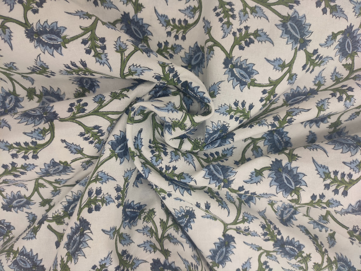 Mughal Floral Print Cotton Fabric: Hand Block Printed Indian Fabric