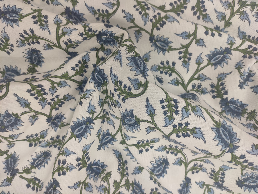 Mughal Floral Print Cotton Fabric: Hand Block Printed Indian Fabric